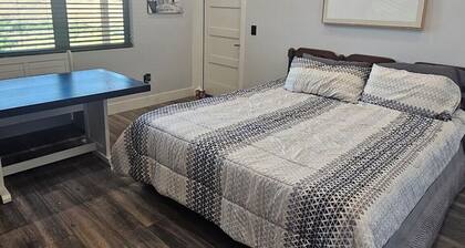 Serene large bedroom with private entrance, bathroom, and thermostat.