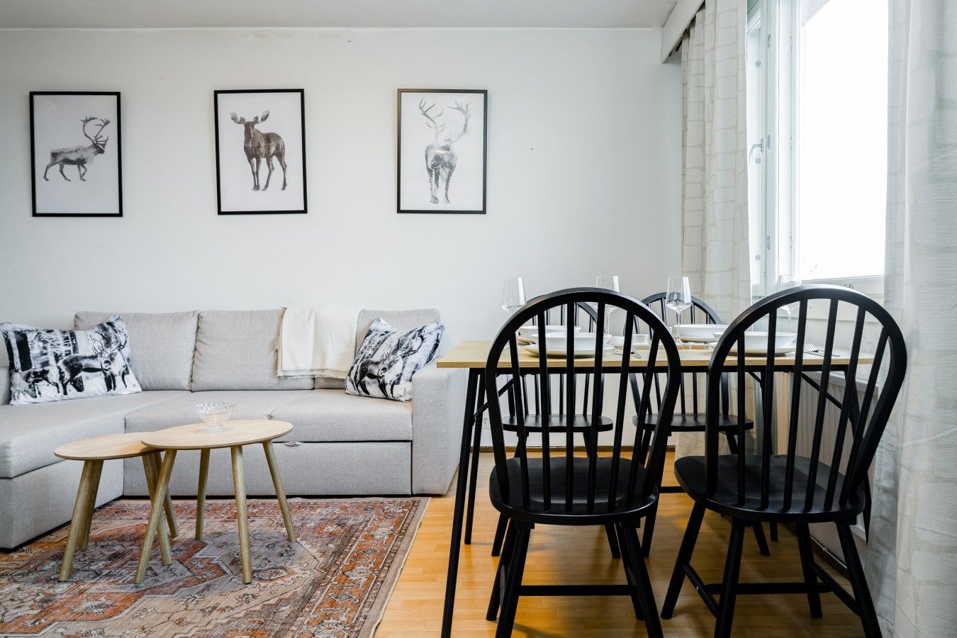 A modern living room with a grey sofa, black chairs, a round wooden table, and three framed animal prints on the wall.