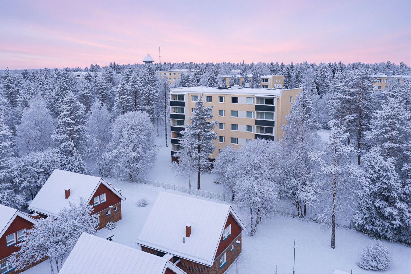 Área residencial com árvores e edifícios cobertos de neve, incluindo um prédio de apartamentos.