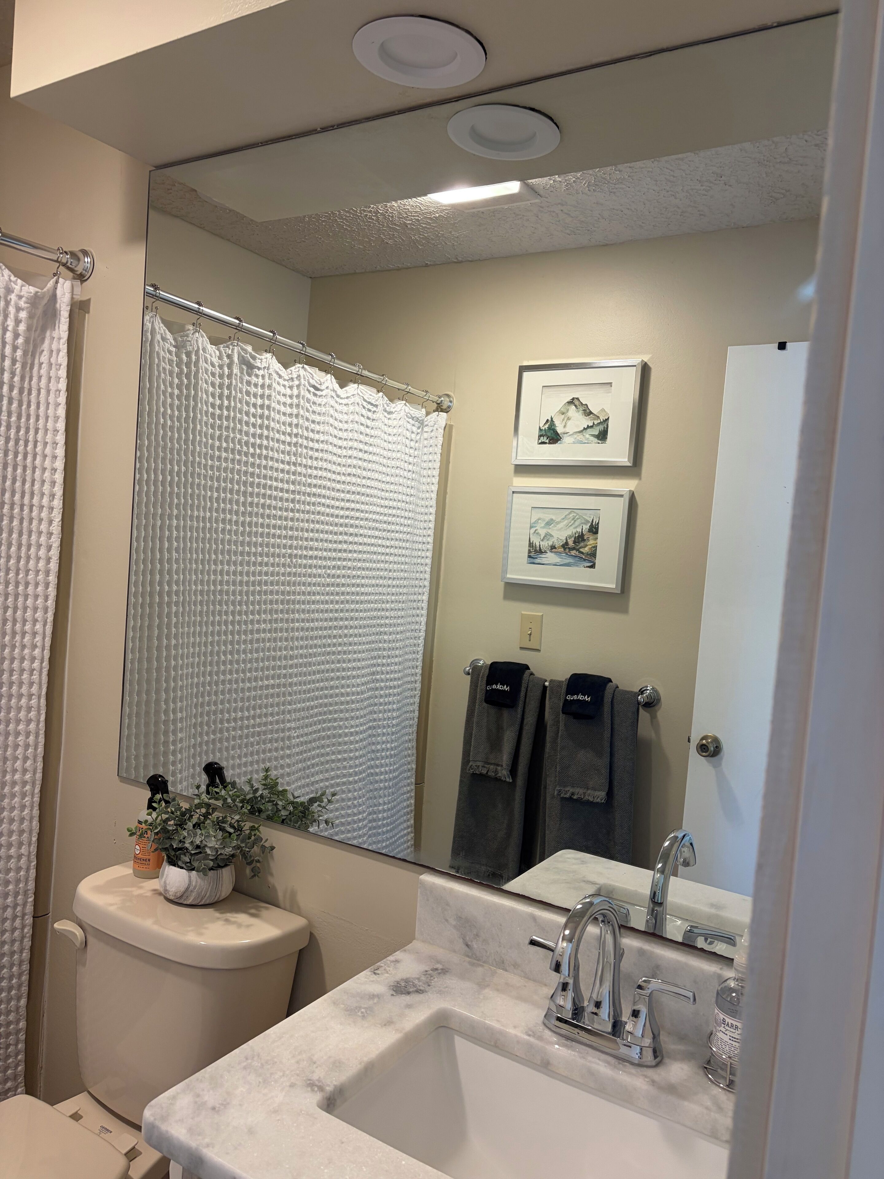 A bathroom with a white toilet, a sink with a marble countertop, a shower curtain, a mirror, and two framed pictures on the wall.