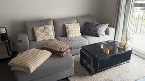 Una sala de estar moderna con un sofá gris, una mesa de centro negra y una alfombra blanca.