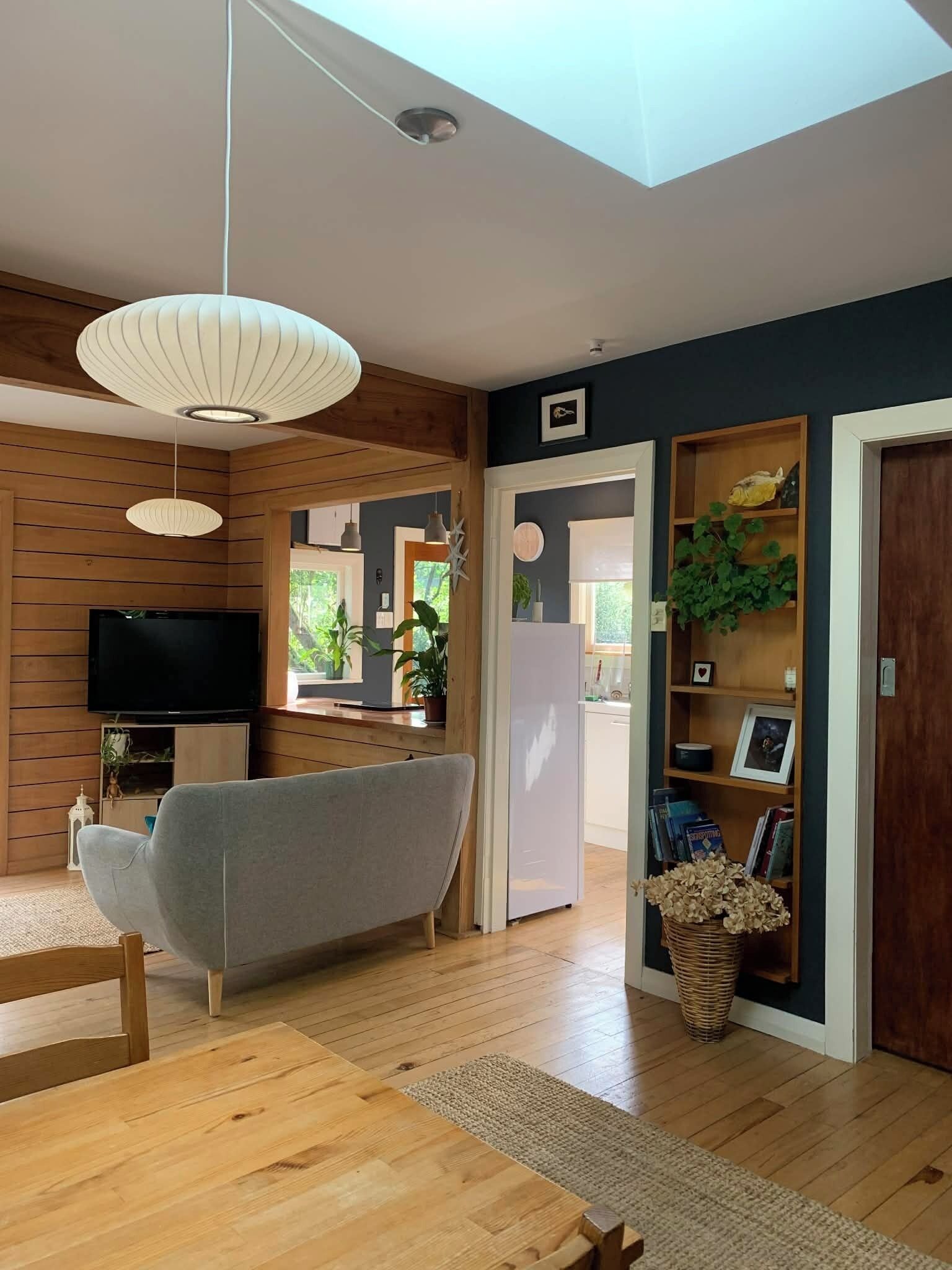 Smart TV, fireplace, books