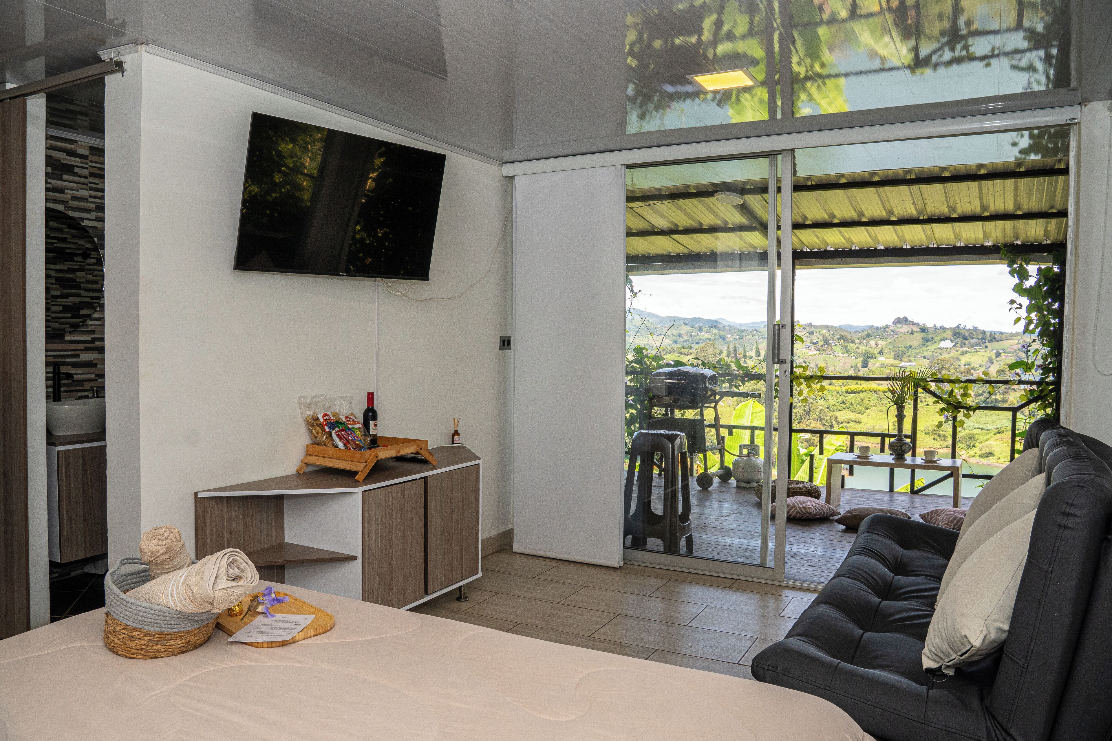 A modern room with a bed, a TV, a wooden cabinet, and a view of a garden through a sliding glass door.