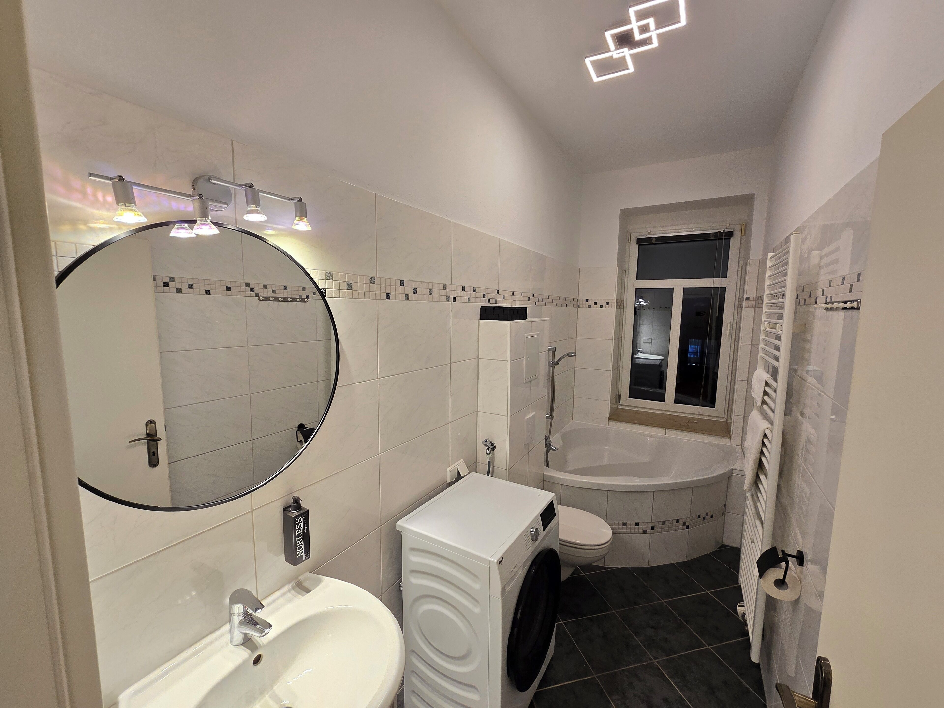 Hair dryer, towels, soap, shampoo