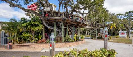 A treehouse restaurant with outdoor seating and a view of the surrounding trees.