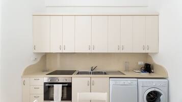 A compact kitchenette with a stove, oven, sink, and a washing machine.