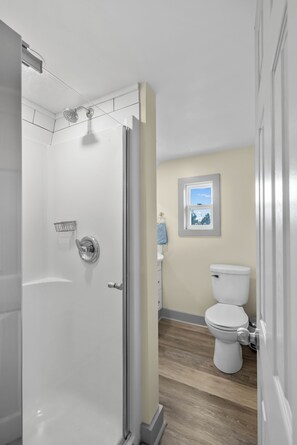 Regadera, secadora de cabello, toallas, jabón 