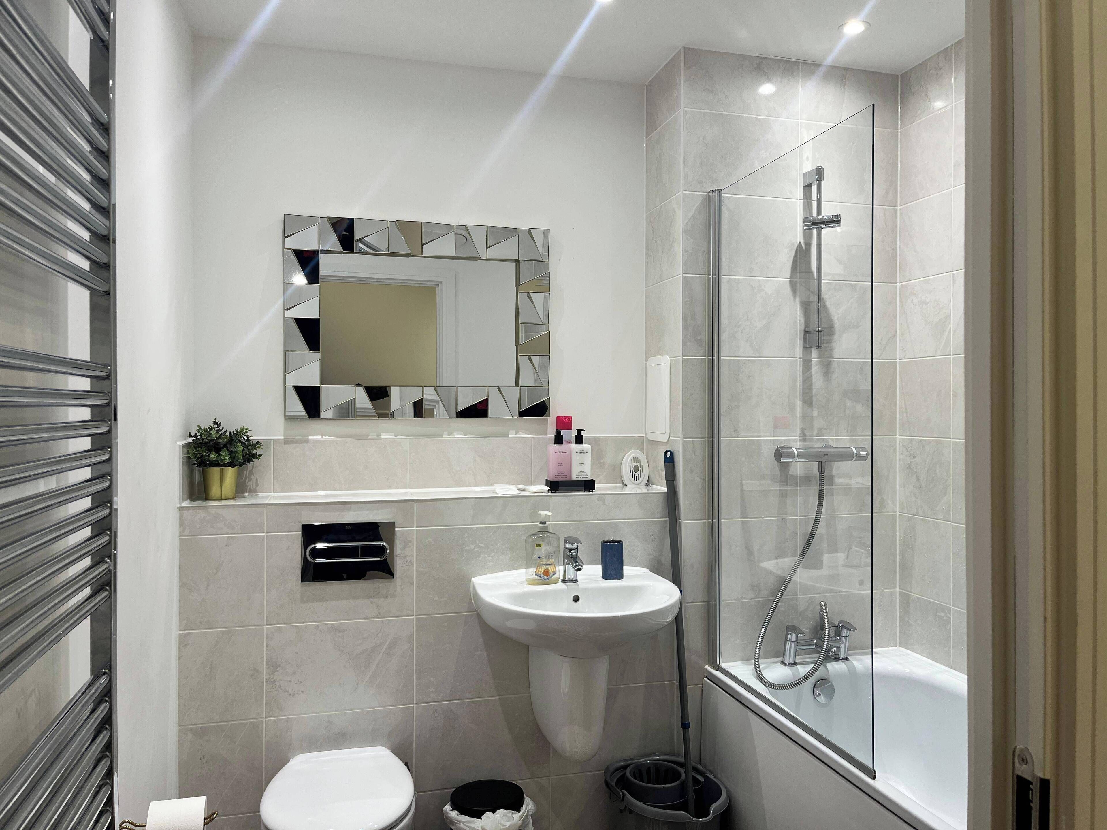 Shower, hair dryer, towels