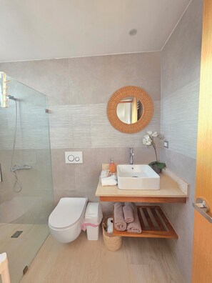 Hair dryer, towels, soap, toilet paper