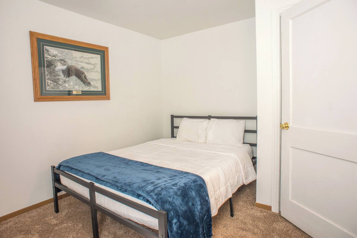 A bedroom with a single bed, a framed picture on the wall, and a closed door.