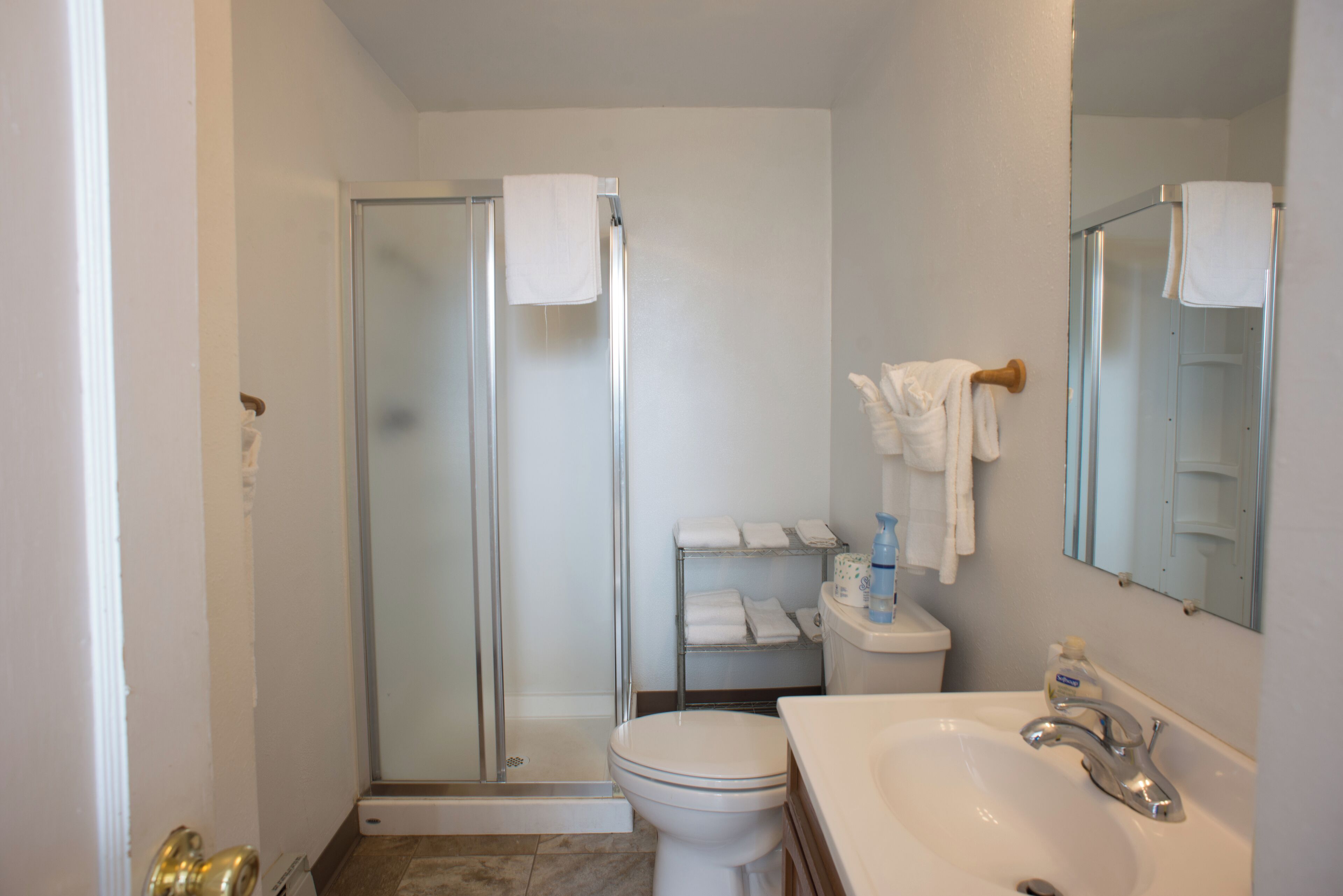 A bathroom with a glass-enclosed shower, a toilet, a sink, and a shelf with towels.