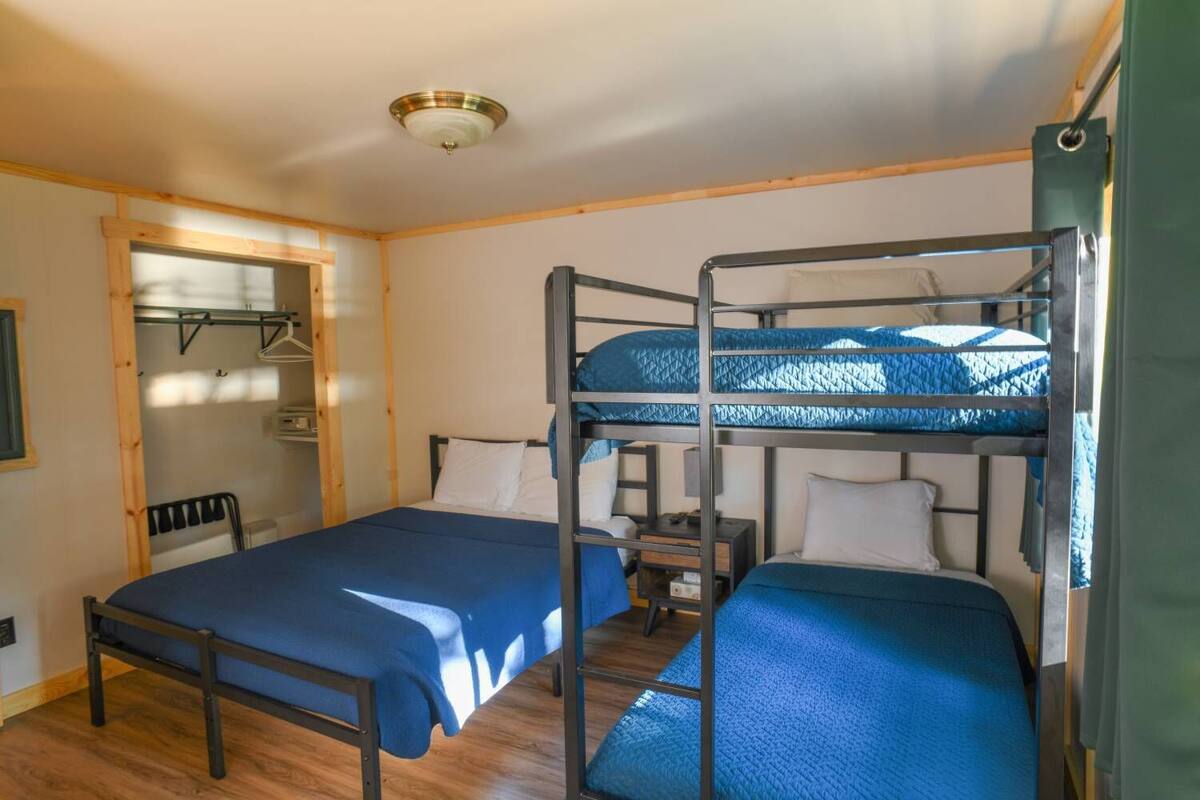 A dormitory room with bunk beds, a desk, and a chair.
