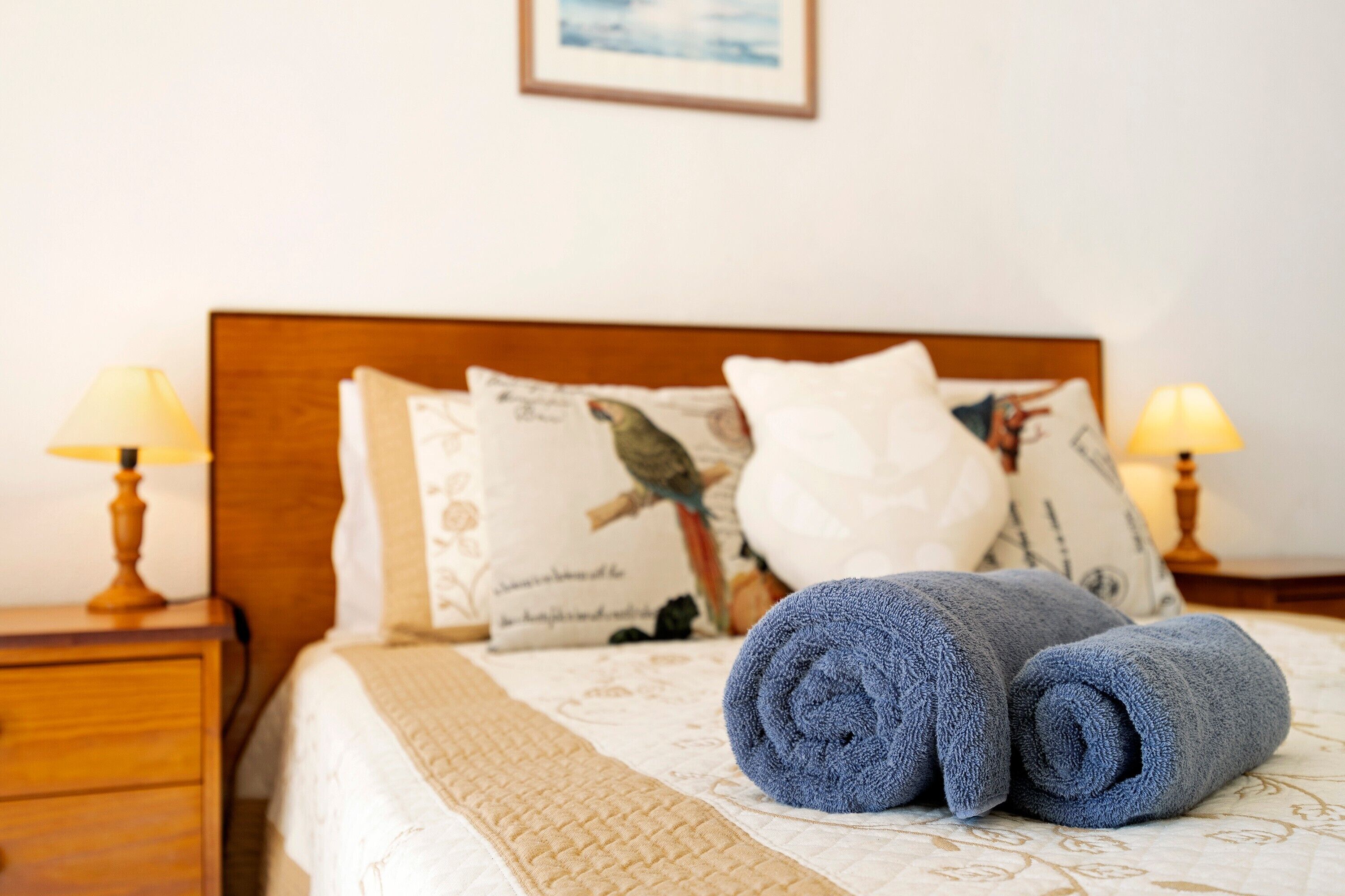 Een net opgemaakt bed met opgerolde handdoeken, kussens met vogelprints en twee bedlampen.