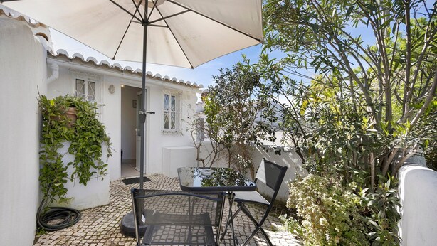 A patio with a table and chairs, an umbrella, and a potted plant.