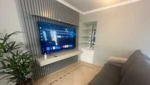 En stue med et fladskærms-tv monteret på væggen, en grå sofa, en potteplante og et glaskabinet.