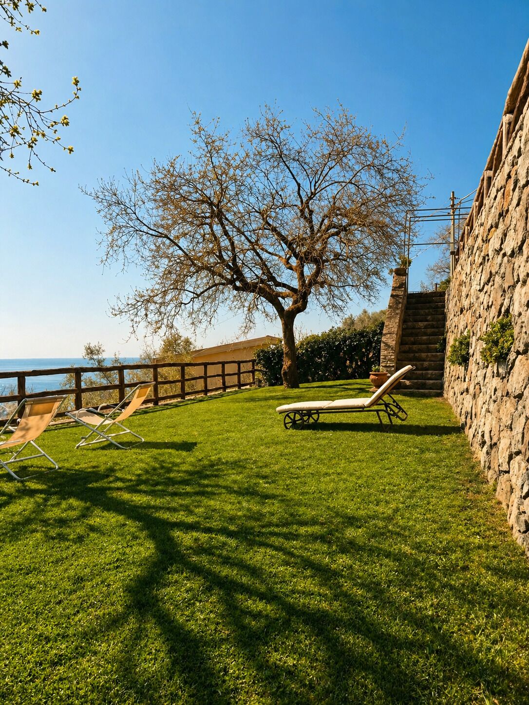 A stone wall, a tree, a lawn, and a view of the sea.