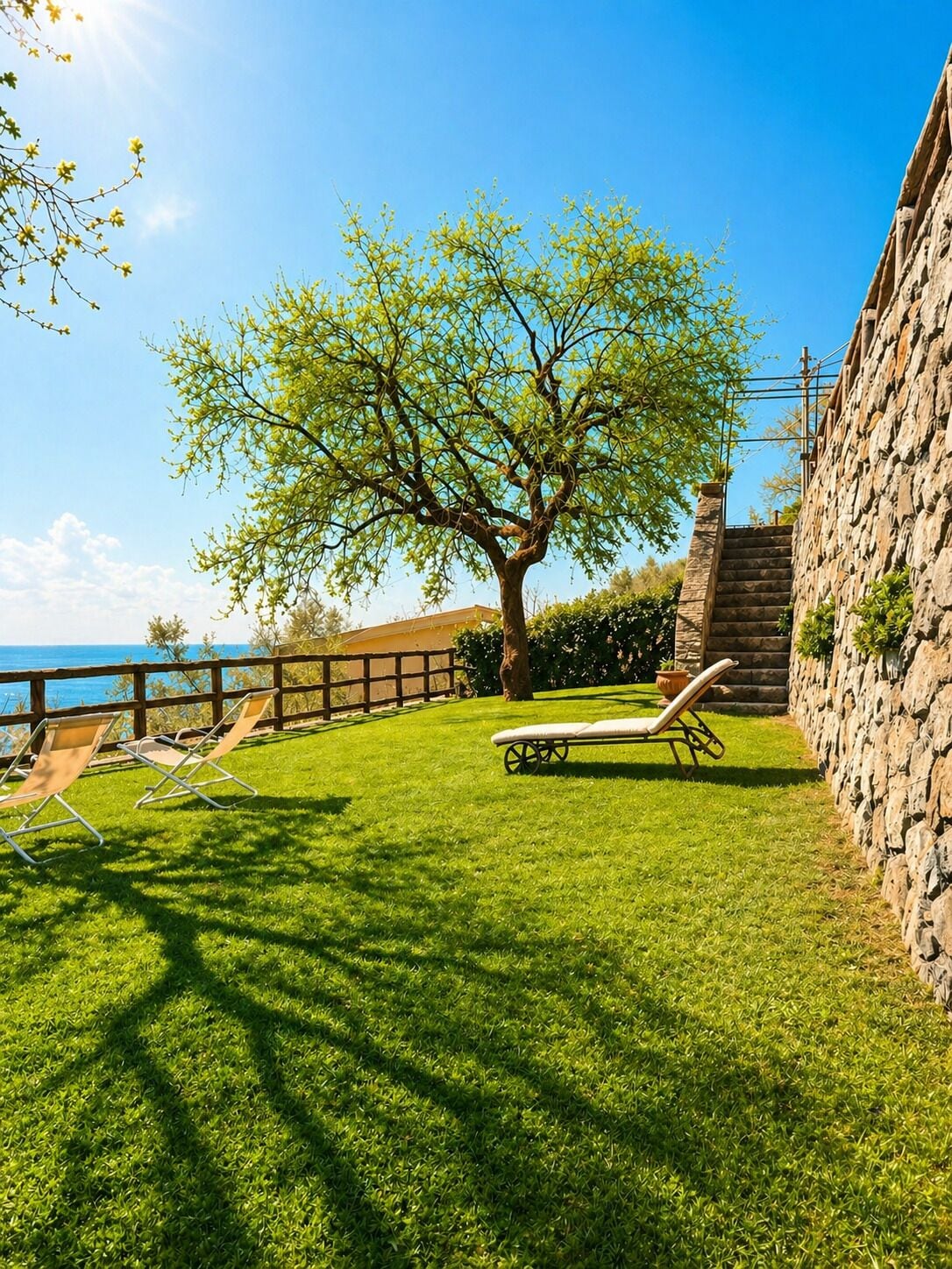 Un mur de pierre, un arbre, une zone herbeuse et une vue sur la mer.