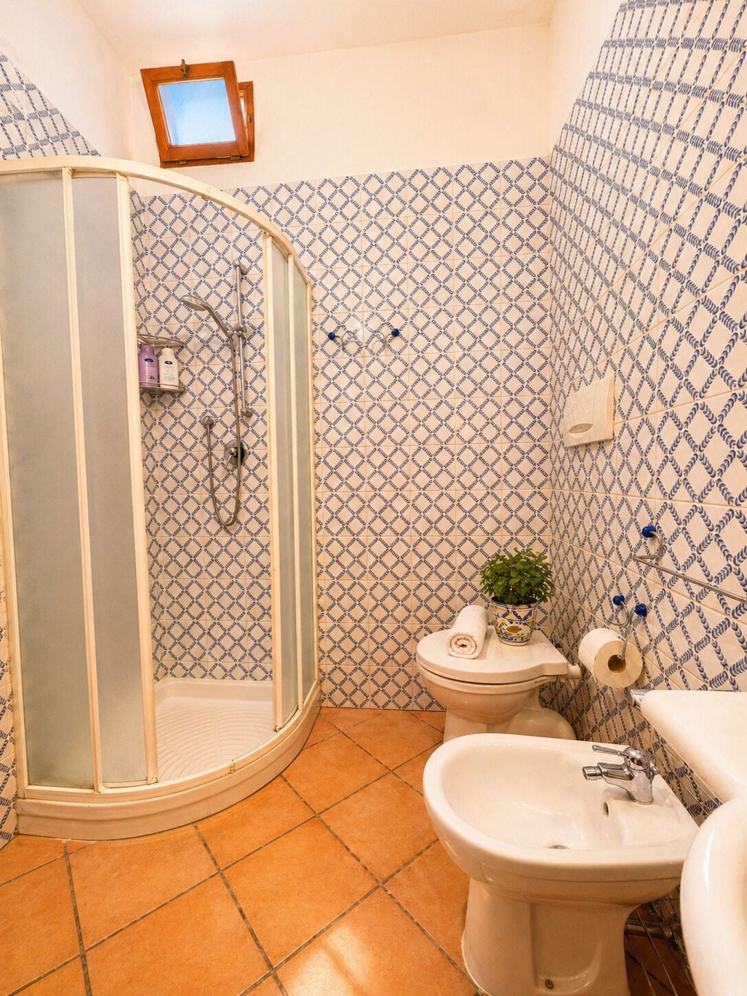 A bathroom with a shower, toilet, bidet, and sink.