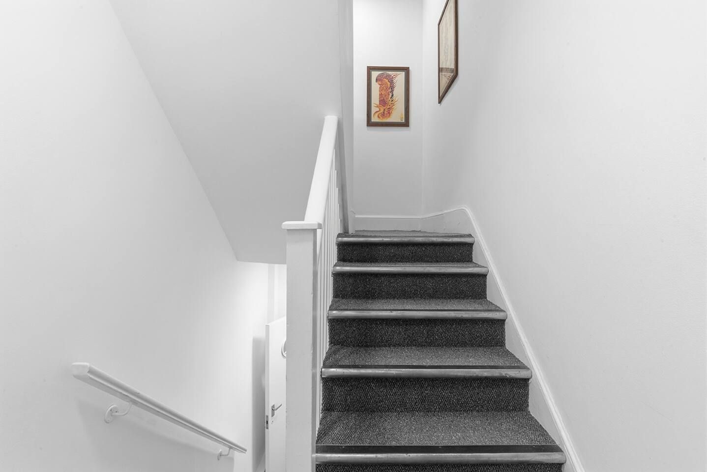 A staircase with a handrail, carpeted steps, and a framed picture on the wall.