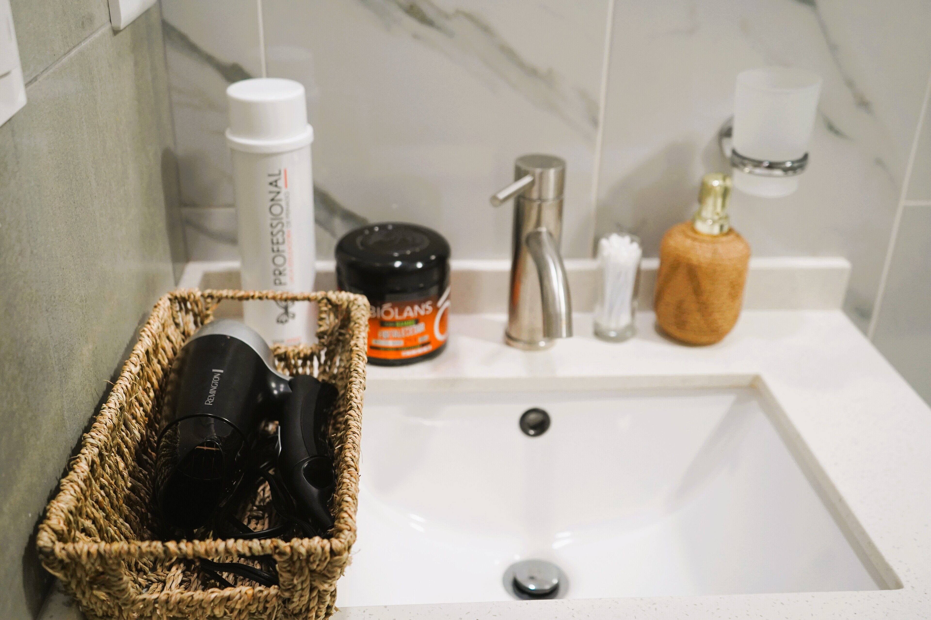 Hair dryer, towels, soap, toilet paper