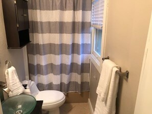Shower, hair dryer, shampoo