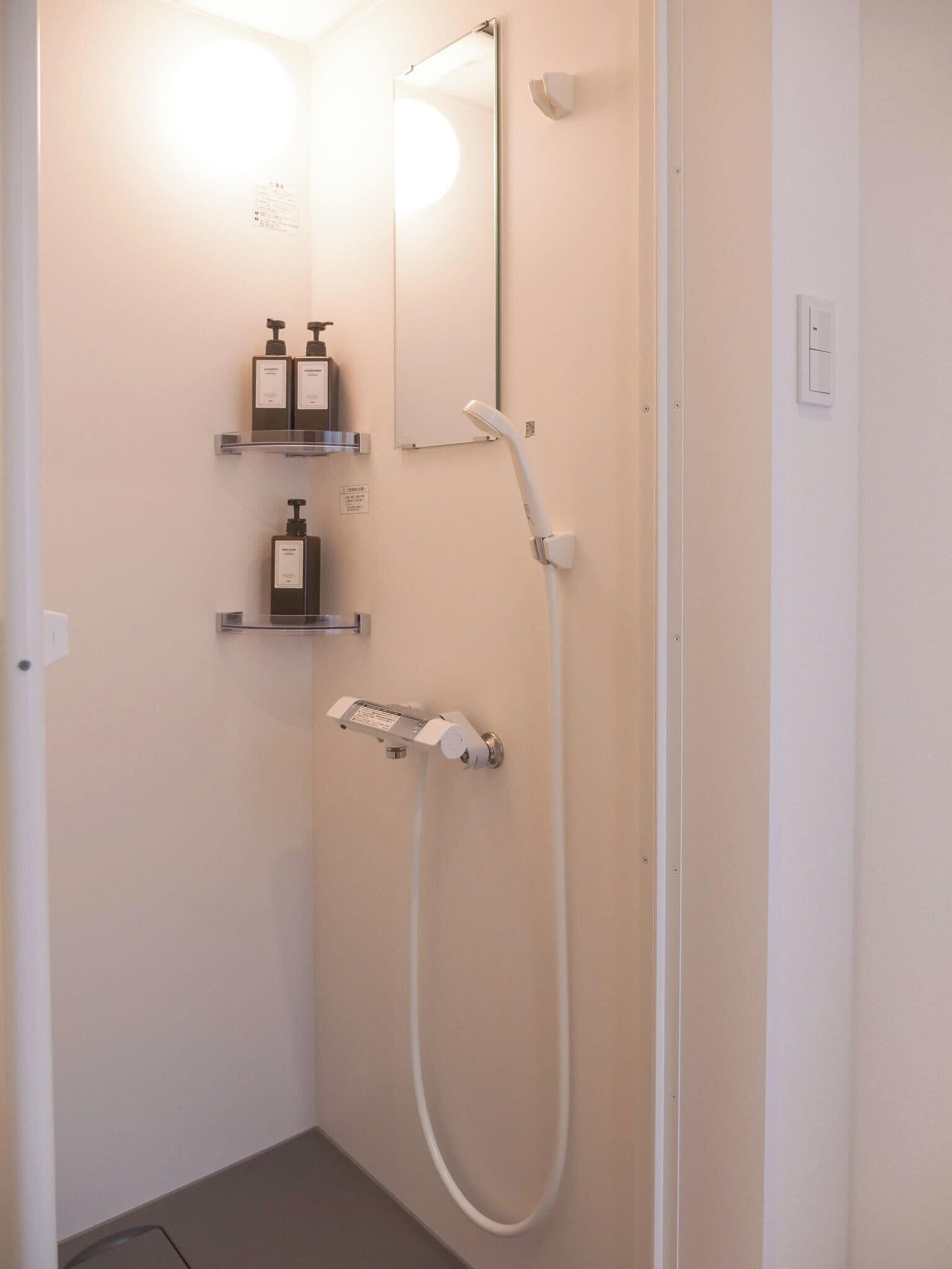 Secador de cabelo, toalhas de banho, shampoo 