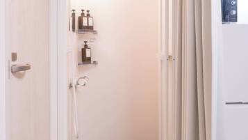 Hair dryer, towels, shampoo