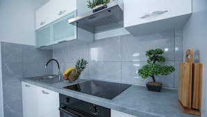 Une cuisine moderne équipée d’une cuisinière intégrée, d’un évier et d’un plan de travail agrémenté d’une plante en pot.