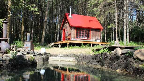 Una cabaña rústica con techo rojo y paredes de madera, ubicada junto a un estanque tranquilo rodeado de un bosque denso.