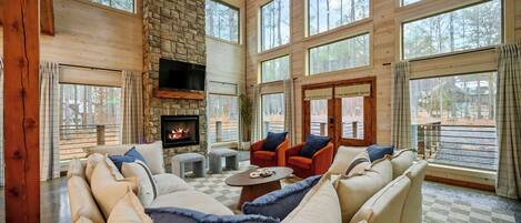 TV, fireplace, ping pong, books