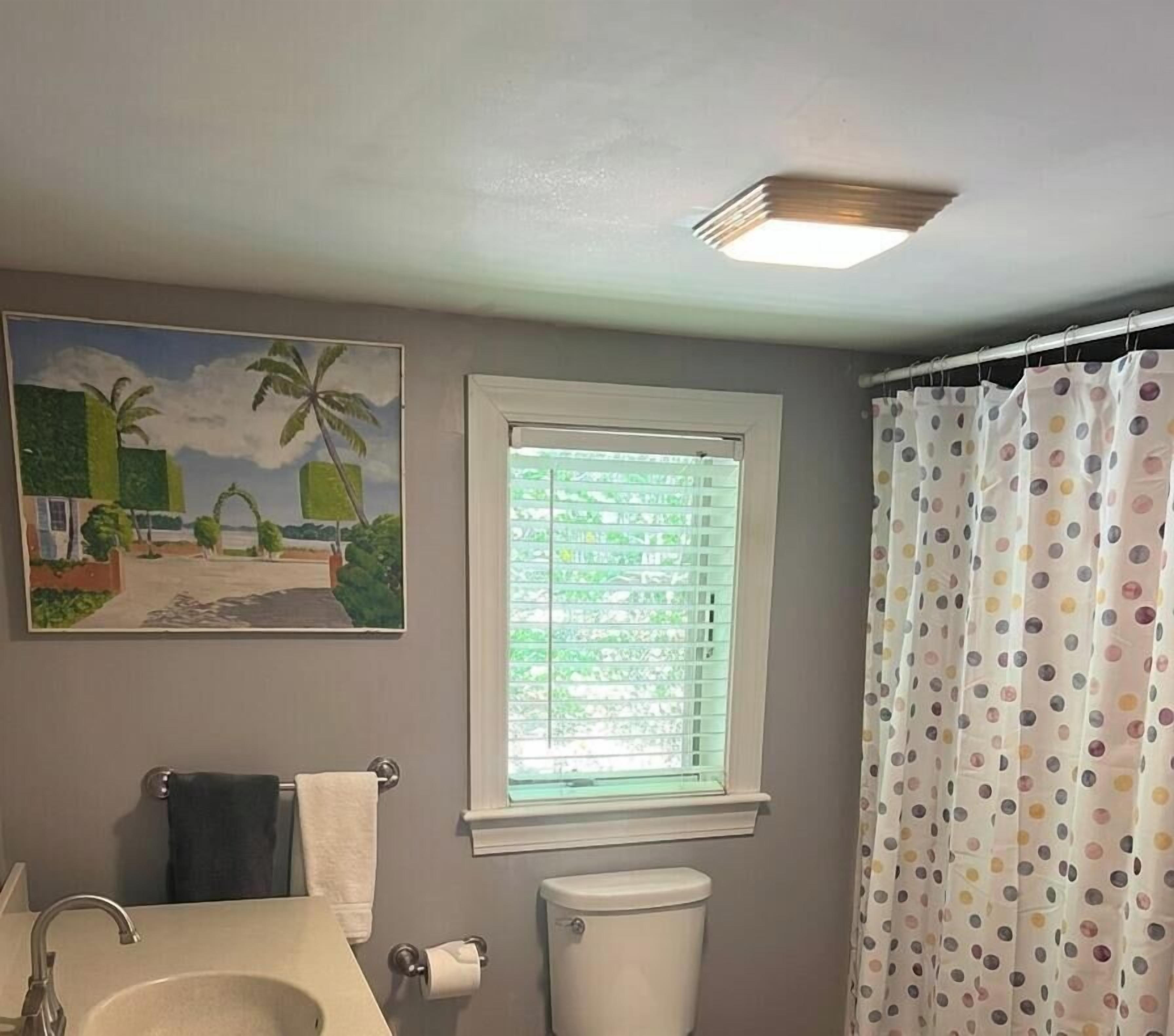 A bathroom with a toilet, sink, window with blinds, and a painting of a beach scene.