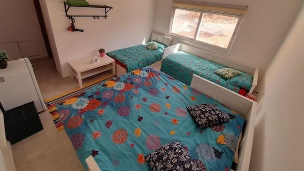 A small, well-lit room with two beds, a small desk, and a window. - Jordan Guest House (Wadi Musa)