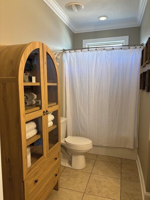 Hair dryer, towels, soap, shampoo