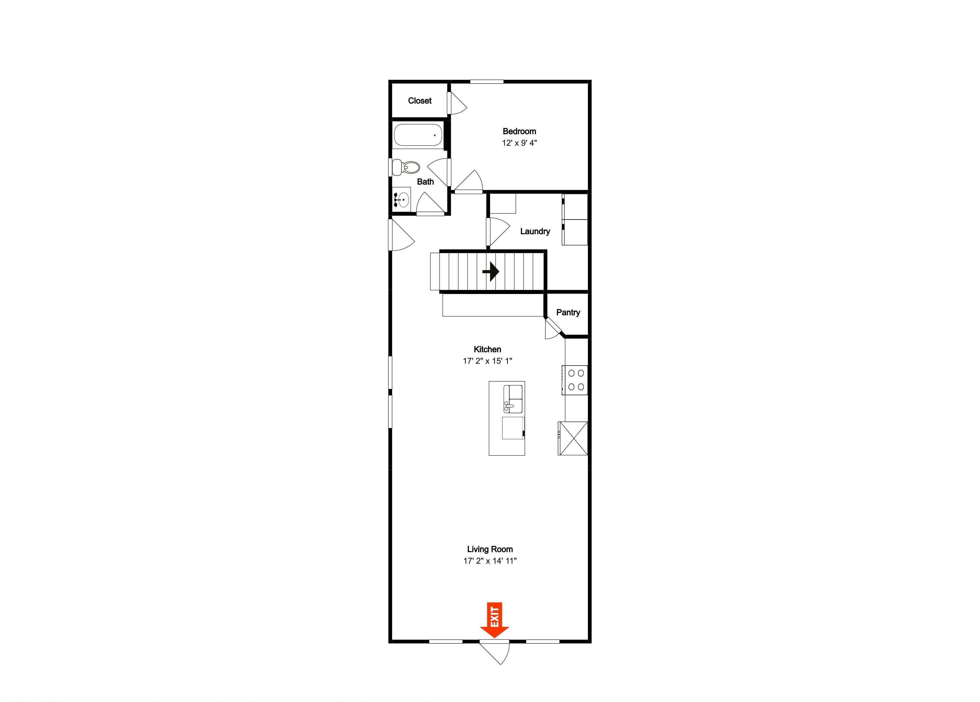 A floor plan of a hotel room with a closet, bathroom, bedroom, laundry, kitchen, and living room.