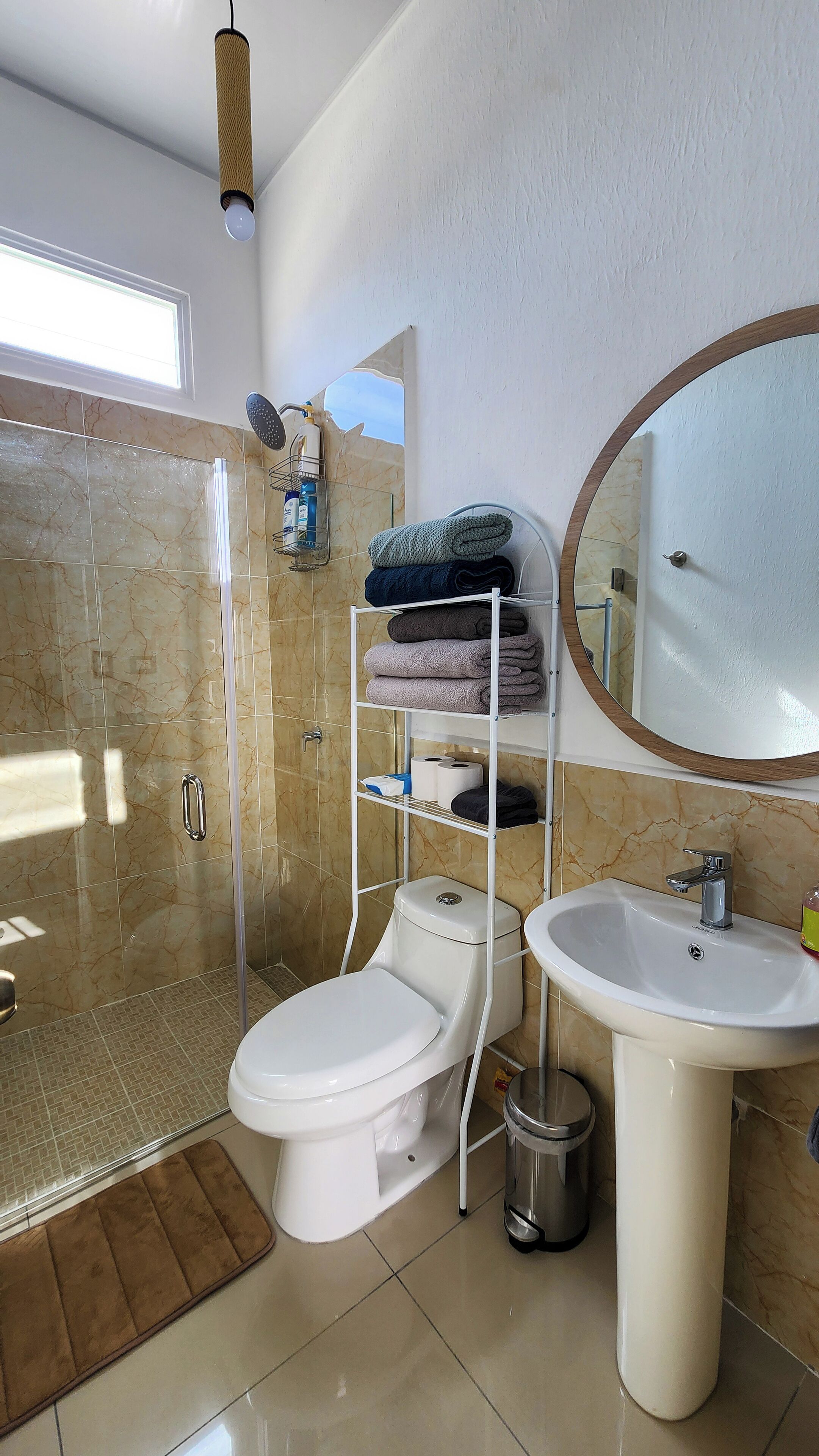 Shower, towels, soap, toilet paper