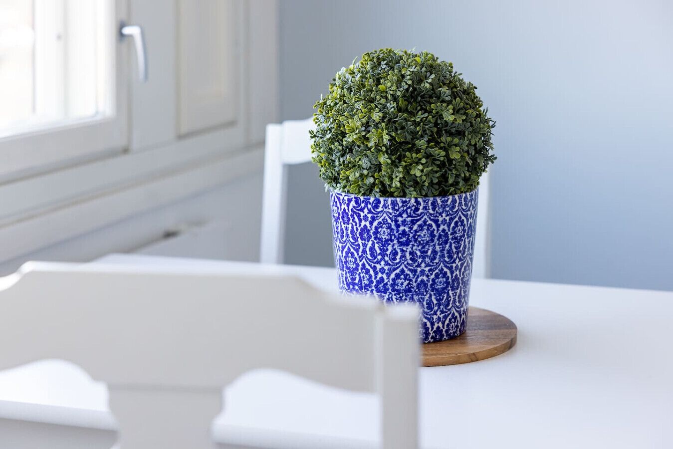 Een potplant op een houten onderzetter op een witte tafel.