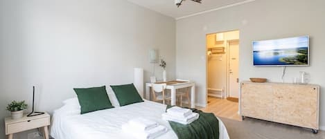 Una habitación de hotel con cama, escritorio, televisor y zona de ducha.