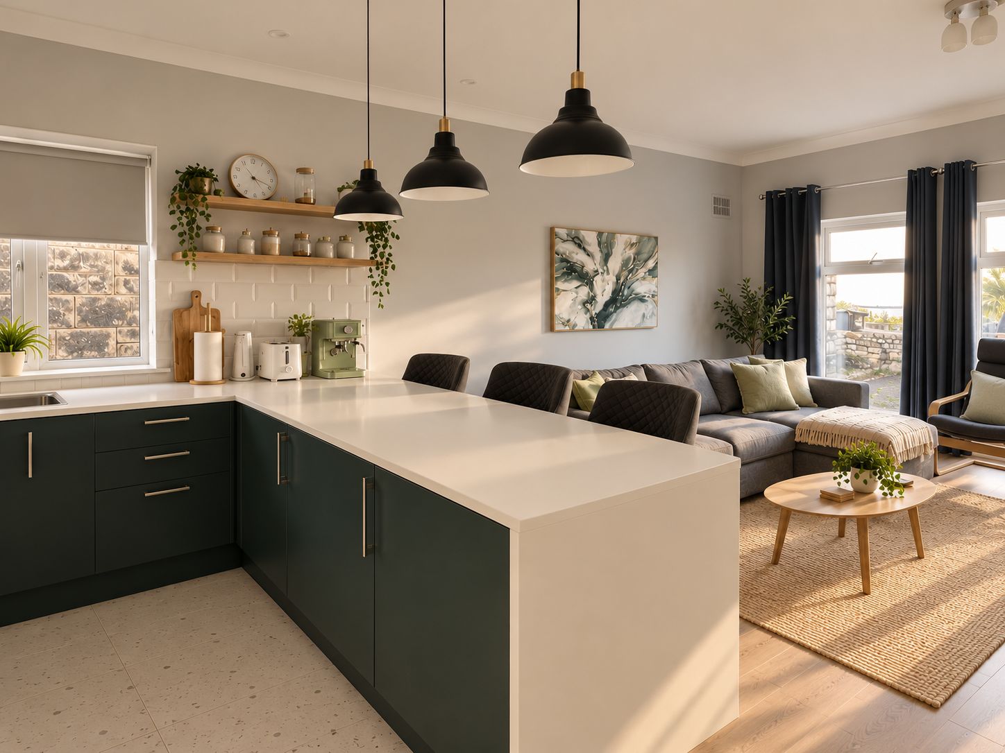 Een moderne keuken met donkere kastjes, een wit aanrecht en hangende verlichting.