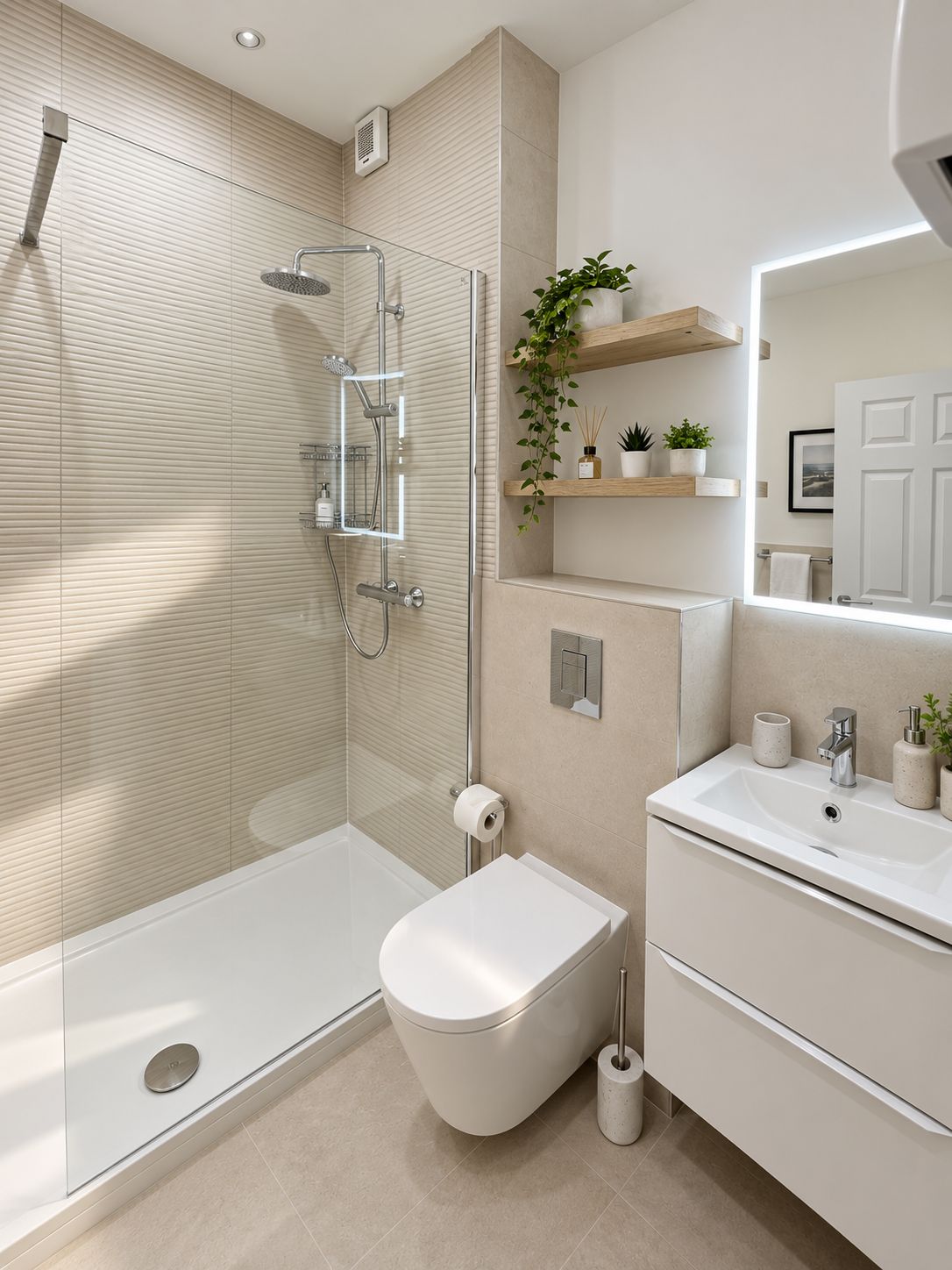 A modern bathroom with a glass-enclosed shower, a toilet, a sink, and a mirror.