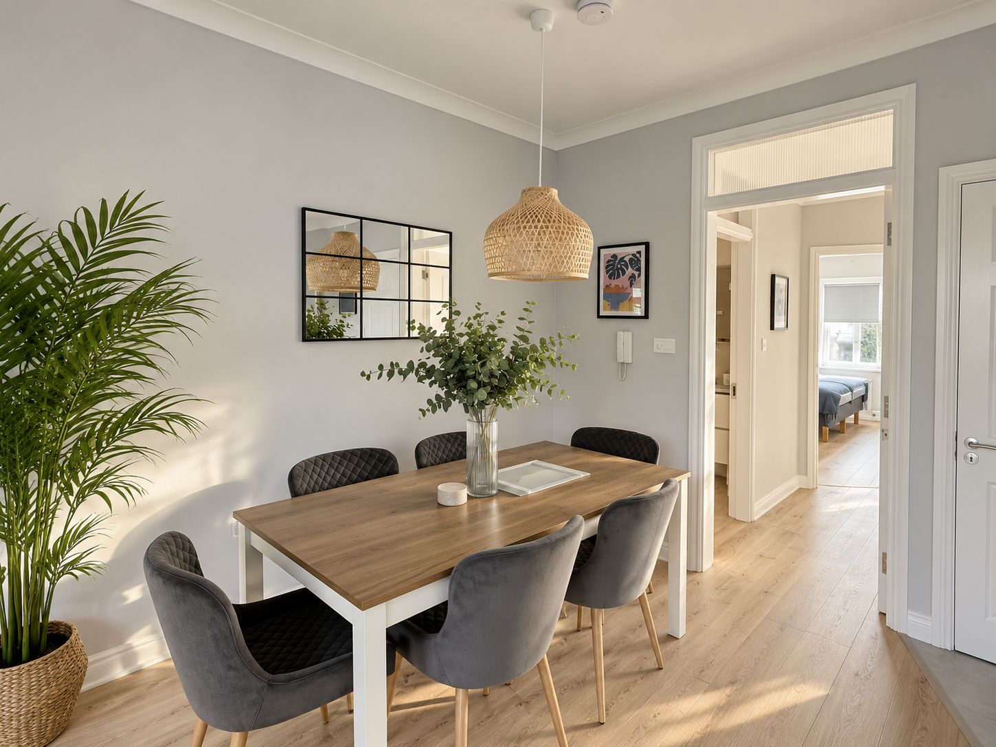 A dining area with a wooden table, grey upholstered chairs, a hanging woven light fixture, and a potted plant.