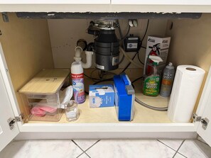 Uma pia de cozinha com sistema de filtragem, uma lixeira, uma garrafa de desinfetante, um dispensador de sacos de lixo e um rolo de papel higiênico.