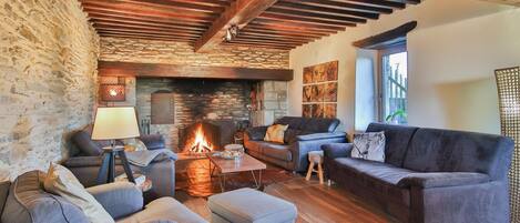 Smart TV, fireplace, foosball