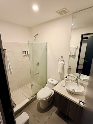 Dusj, hårføner, håndklær og såpe