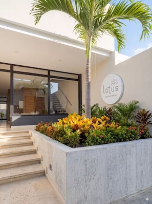 A modern building entrance with a palm tree, a sign reading 'Lotus Apartamentos,' and a staircase leading to the entrance. - Luxury Apartment with Ocean View (Cartagena de Indias)