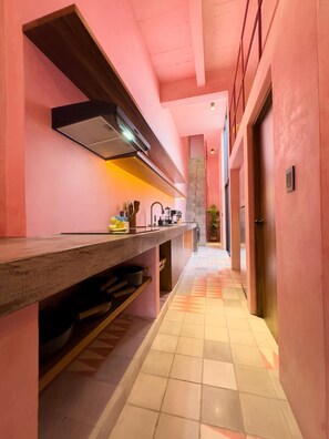 Fridge, microwave, stovetop, coffee/tea maker