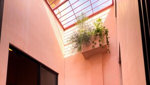 A small, enclosed outdoor area with a glass-bottomed pool, a seating area with a sofa and a table, and a hanging plant planter.