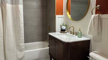 Hair dryer, towels, soap, toilet paper