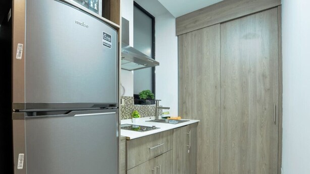 Una cucina compatta con frigorifero integrato, lavello e pensili in legno.