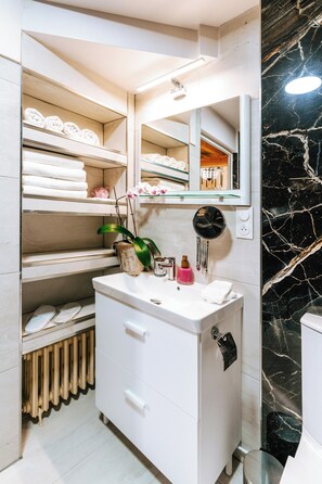 Chuveiro, secador de cabelo, toalhas de banho, sabonete