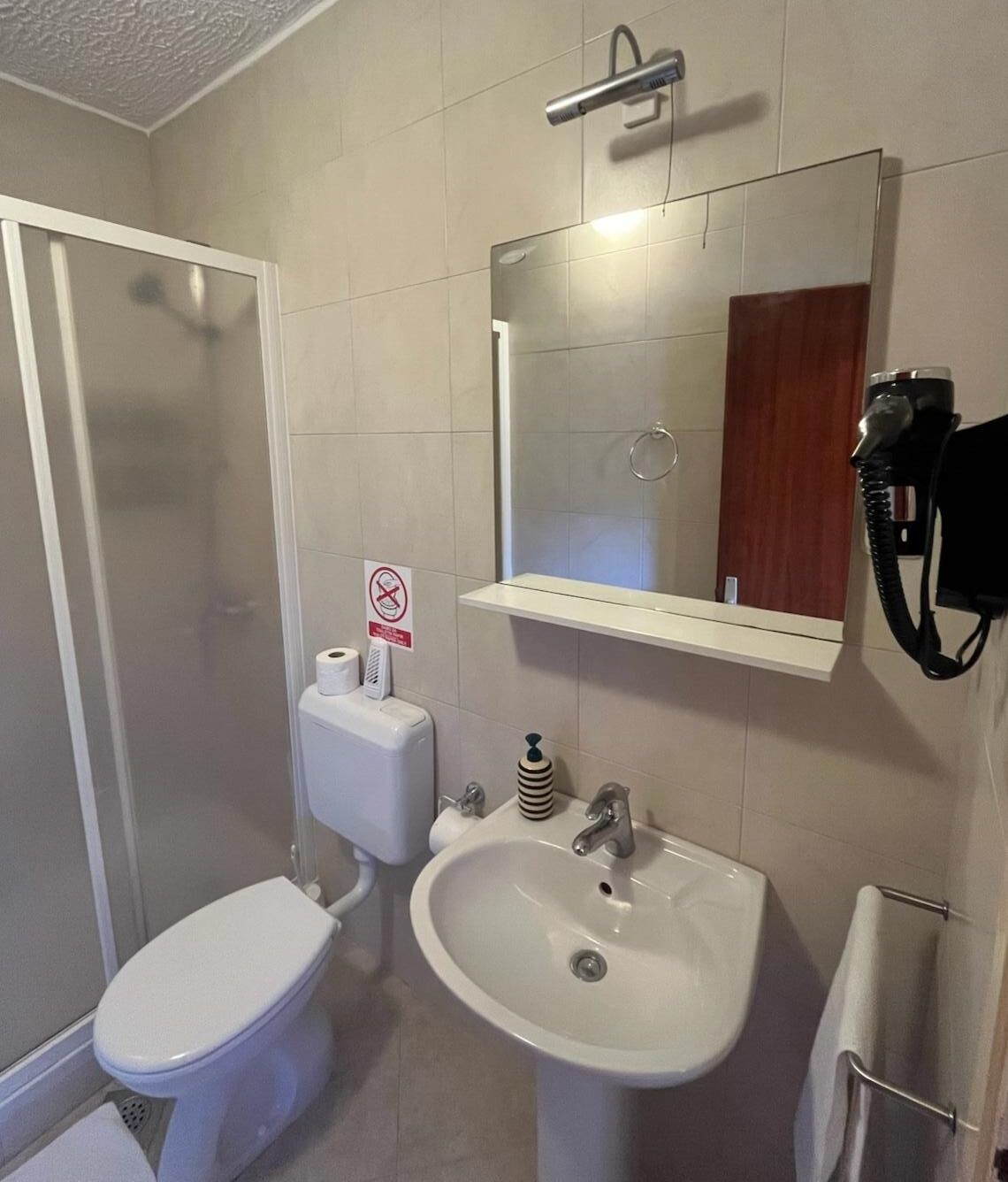 A bathroom with a toilet, sink, and shower.